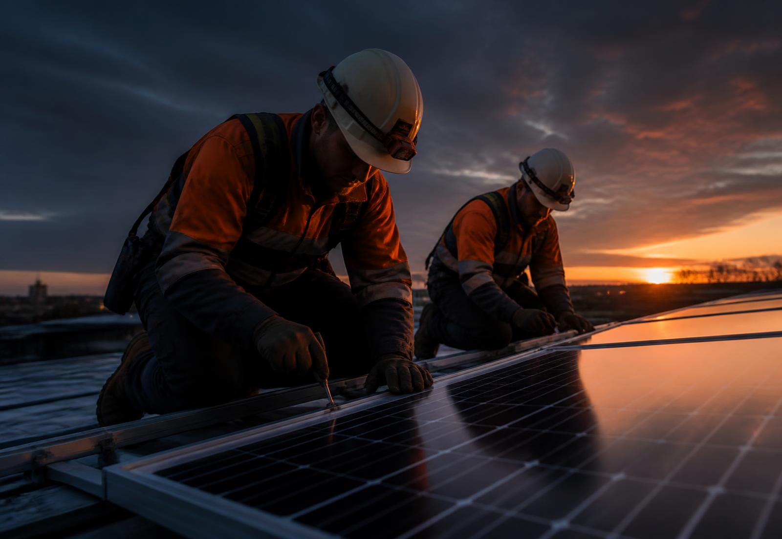 Zwei Monteure montieren Photovoltaikmodule auf einem Dach